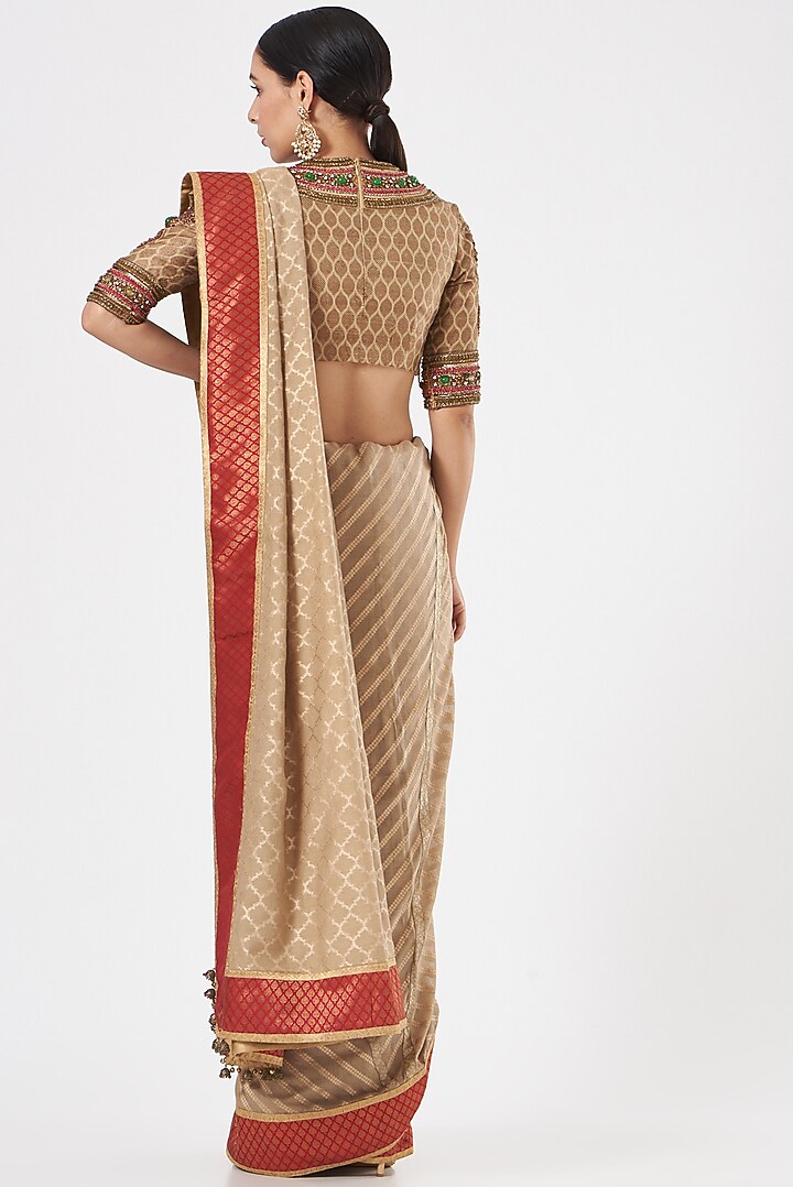 Beige Silk Embroidered Bridal Saree Set by Ashima Leena at Pernia's Pop Up Shop