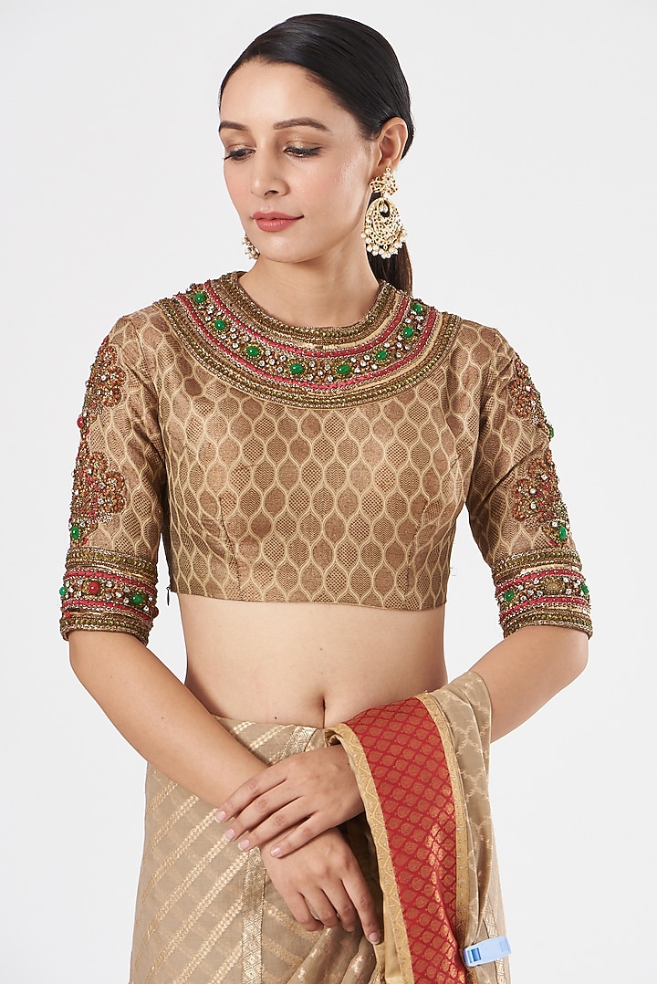 Beige Silk Embroidered Bridal Saree Set by Ashima Leena at Pernia's Pop Up Shop