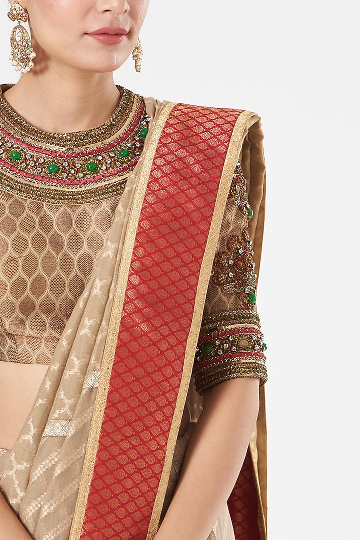 Beige Silk Embroidered Bridal Saree Set by Ashima Leena at Pernia's Pop Up Shop