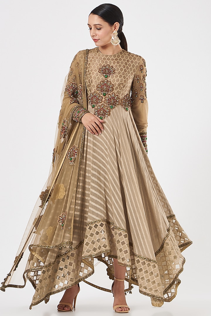 Beige Embroidered Anarkali Set by Ashima Leena at Pernia's Pop Up Shop