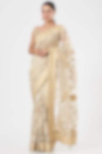 Cream Net Embroidered Saree Set by Ashima Leena
