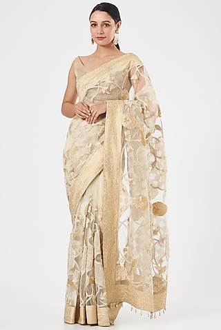 Cream Net Embroidered Saree Set by Ashima Leena