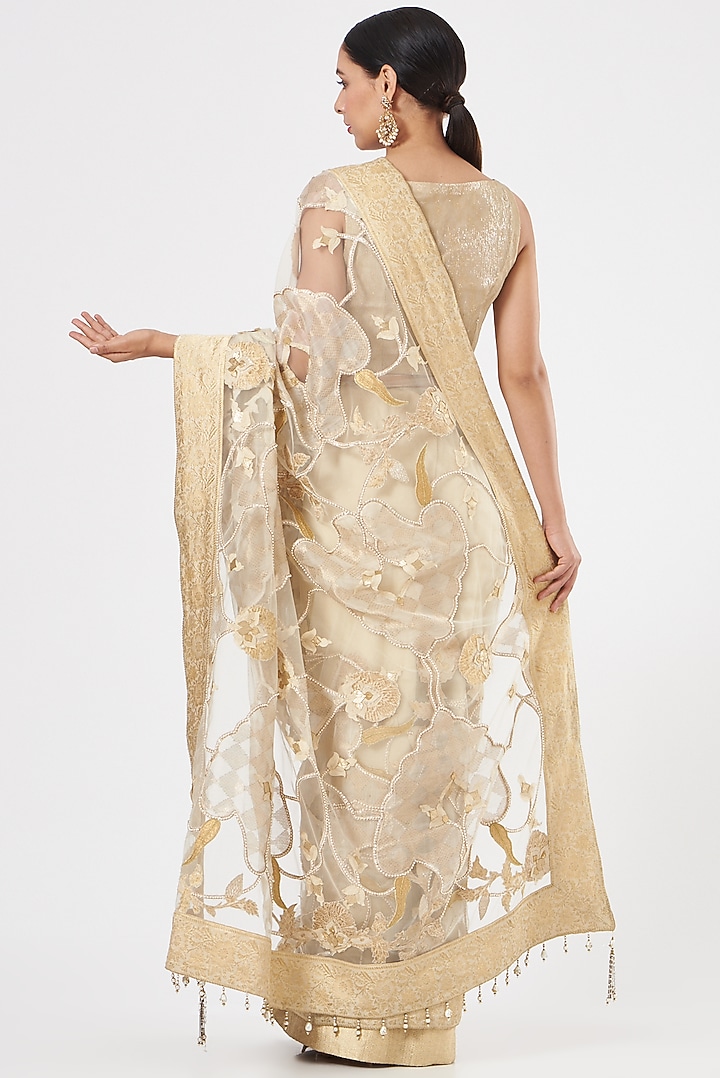 Cream Net Embroidered Bridal Saree Set by Ashima Leena at Pernia's Pop Up Shop