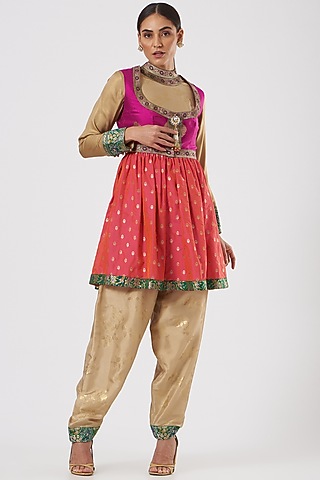 Beige & Fuschia Pink Silk Anarkali Set by Ashima Leena