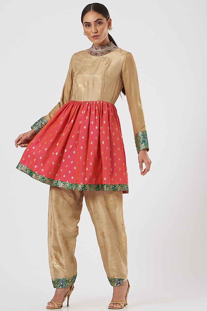 Beige & Fuschia Pink Silk Bridal Anarkali Set by Ashima Leena at Pernia's Pop Up Shop