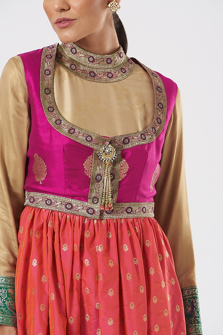 Beige & Fuschia Pink Silk Bridal Anarkali Set by Ashima Leena at Pernia's Pop Up Shop