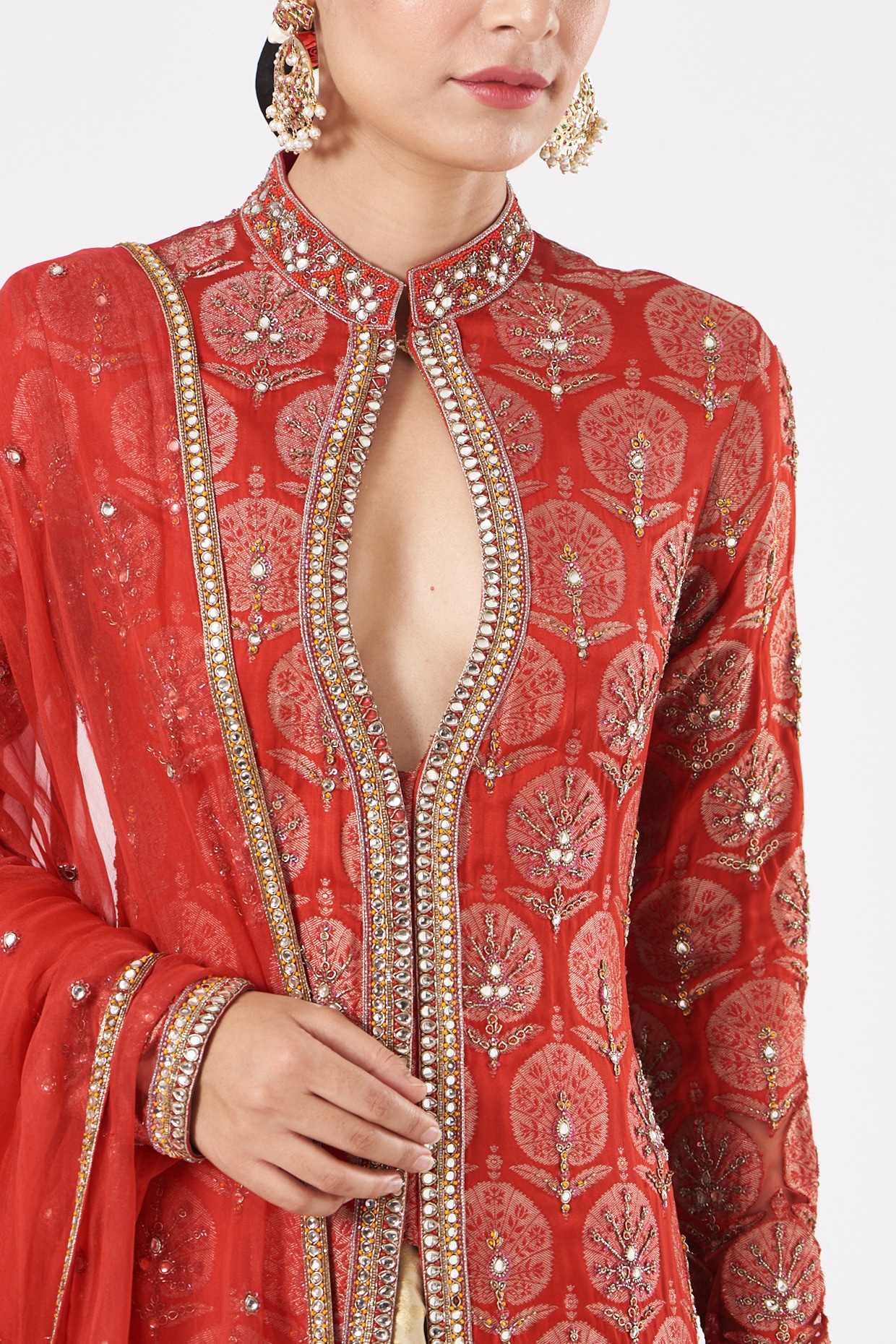 Buy Red Raw Silk Notched Lapel Brocade Jacket Skirt Set For Women by Sue  Mue Online at Aza Fashions.