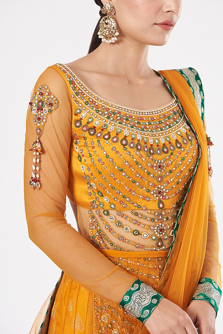 Mustard Pure Net & Banarasi Embroidered Dhoti Bridal Saree by Ashima Leena at Pernia's Pop Up Shop