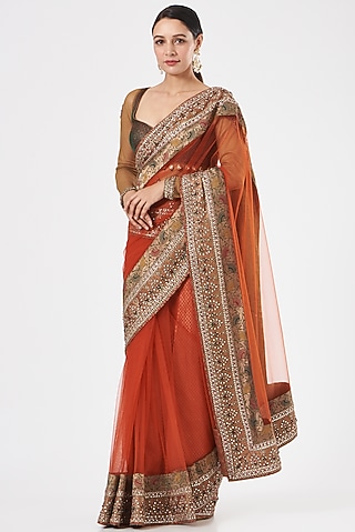 Orange Embroidered Saree Set by Ashima Leena