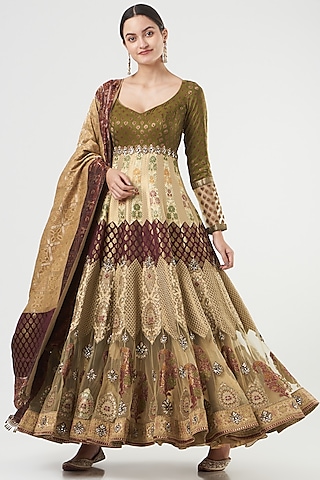 Gold & Olive Green Embroidered Anarkali Set by Ashima Leena