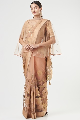 Peach French Net Saree Set by Ashima Leena