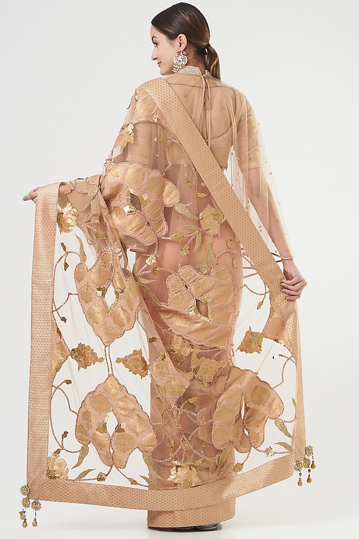 Peach French Net Bridal Saree Set by Ashima Leena at Pernia's Pop Up Shop
