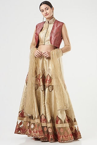 Gold Hand Embroidered Lehenga Set by Ashima Leena
