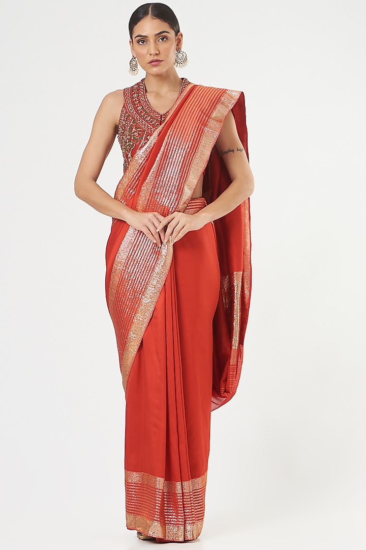 Bright Red Pure Silk Embroidered Saree Set by Ashima Leena