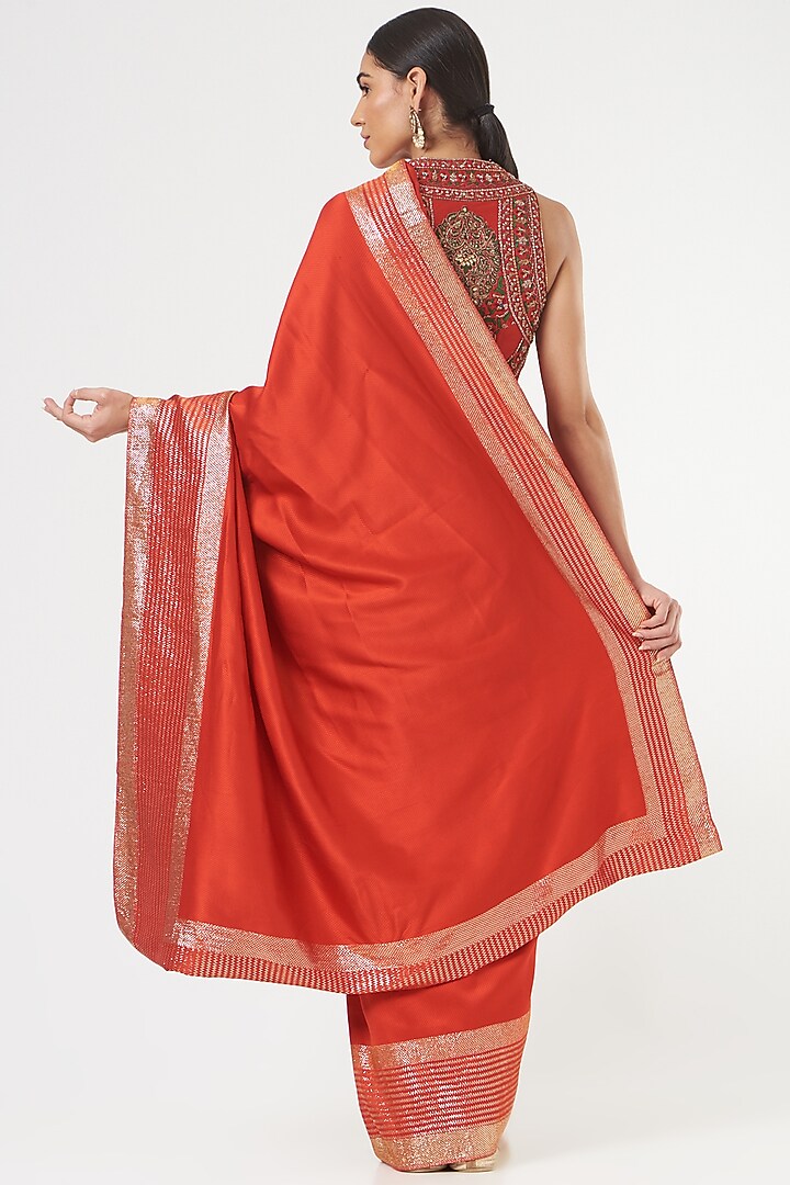 Bright Red Pure Silk Embroidered Bridal Saree Set by Ashima Leena at Pernia's Pop Up Shop