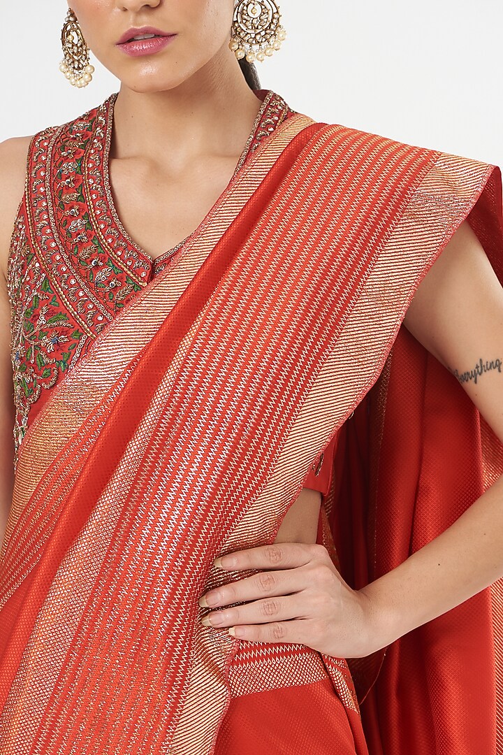 Bright Red Pure Silk Embroidered Bridal Saree Set by Ashima Leena at Pernia's Pop Up Shop