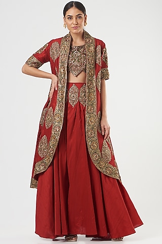 Red Embroidered Jacket Set by Ashima Leena