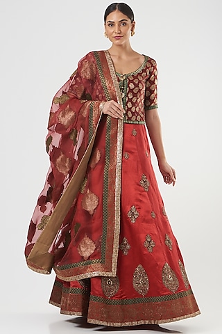 Red Raw Silk Embroidered Lehenga Set by Ashima Leena