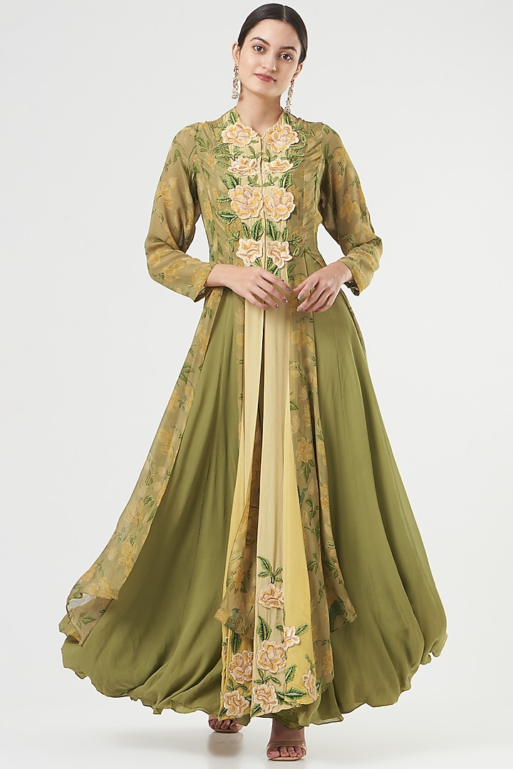 Lime & Green Embroidered Dress by Ashima Leena