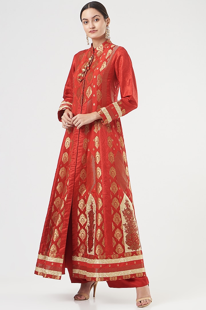 Red Silk Jacket Set by Ashima Leena