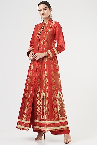 Red Silk Jacket Set by Ashima Leena