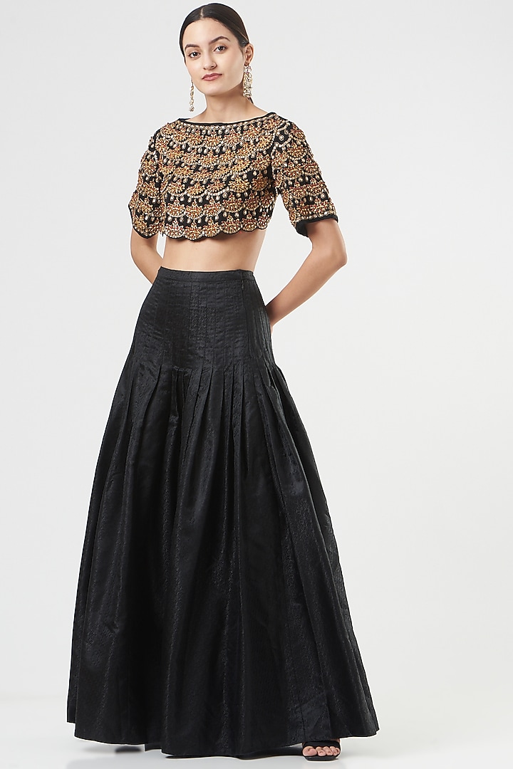Black Italian Silk Skirt Set by Ashima Leena
