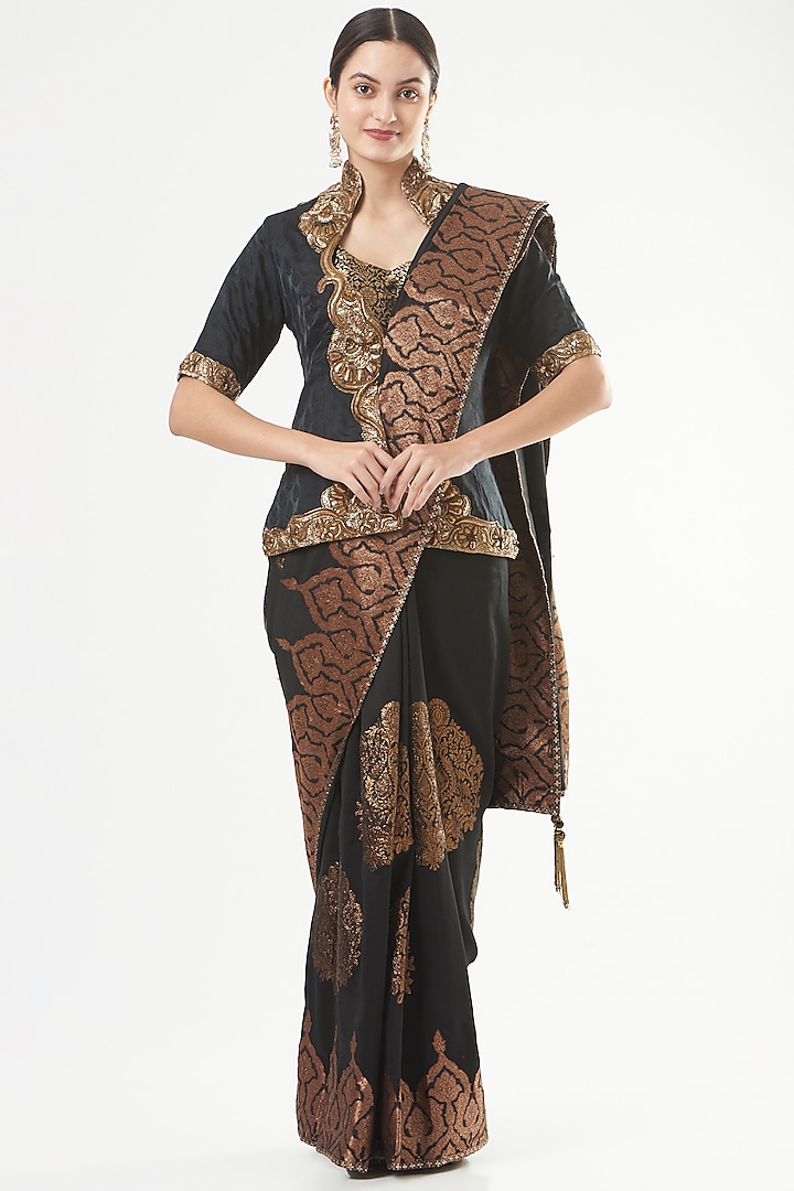 Black Applique Embroidered Saree Set by Ashima Leena