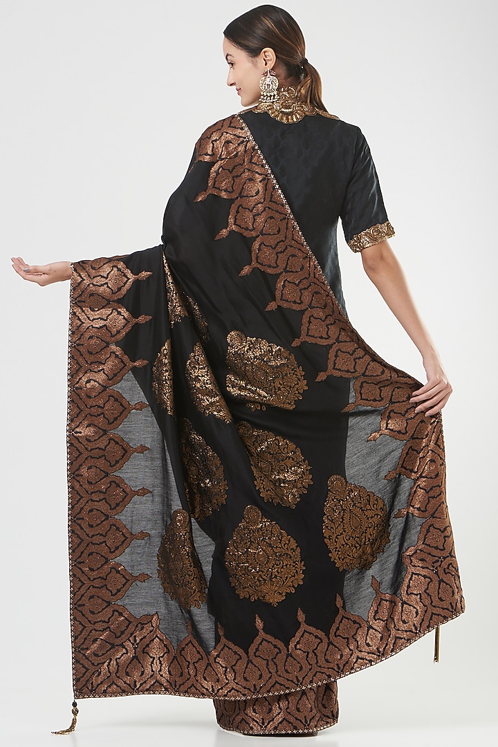 Black Applique Embroidered Bridal Saree Set by Ashima Leena at Pernia's Pop Up Shop