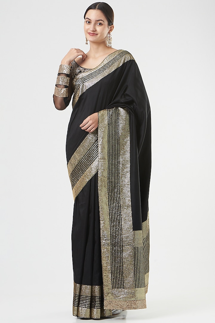Black Silk Saree Set by Ashima Leena