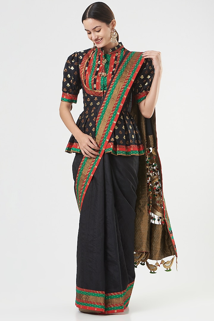 Black Pure Silk Tassels Embroidered Saree Set by Ashima Leena