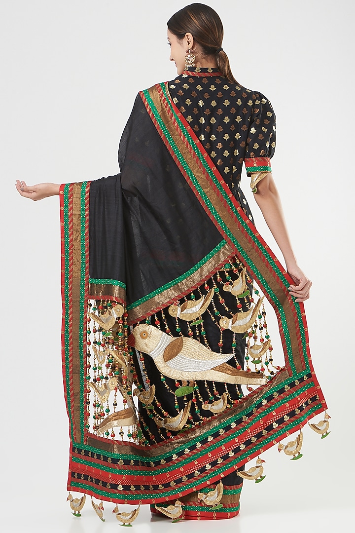 Black Pure Silk Tassels Embroidered Bridal Saree Set by Ashima Leena at Pernia's Pop Up Shop