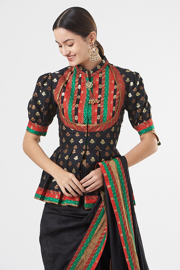 Black Pure Silk Tassels Embroidered Bridal Saree Set by Ashima Leena at Pernia's Pop Up Shop