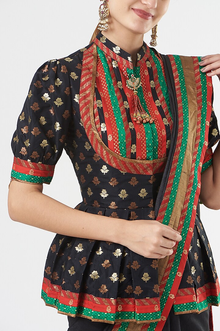 Black Pure Silk Tassels Embroidered Bridal Saree Set by Ashima Leena at Pernia's Pop Up Shop
