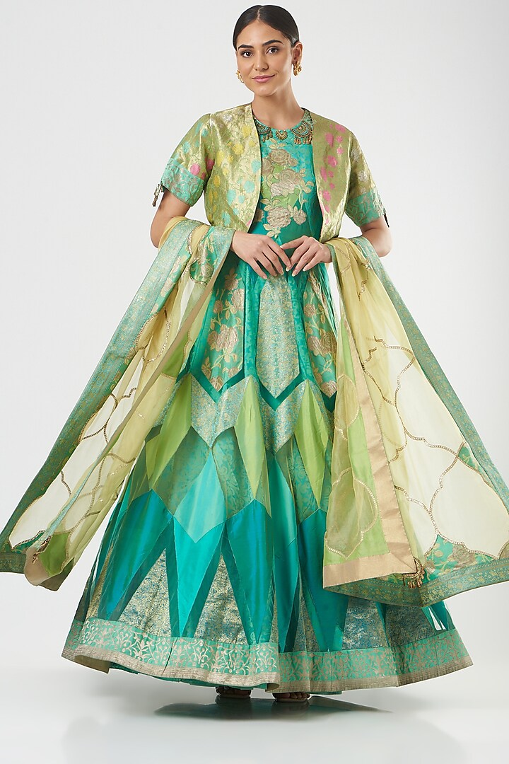 Blue & Green Silk Anarkali Set by Ashima Leena
