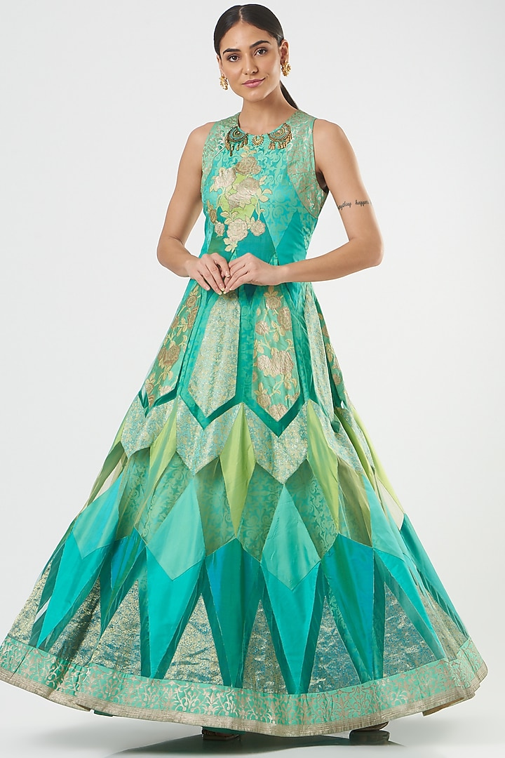 Blue & Green Silk Bridal Anarkali Set by Ashima Leena at Pernia's Pop Up Shop