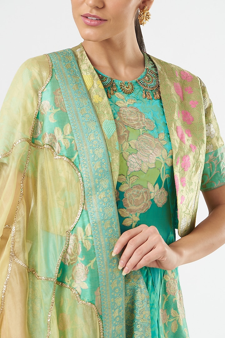 Blue & Green Silk Bridal Anarkali Set by Ashima Leena at Pernia's Pop Up Shop