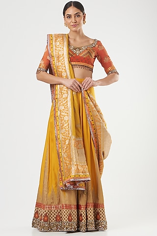 Mustard Embroidered Lehenga Set by Ashima Leena