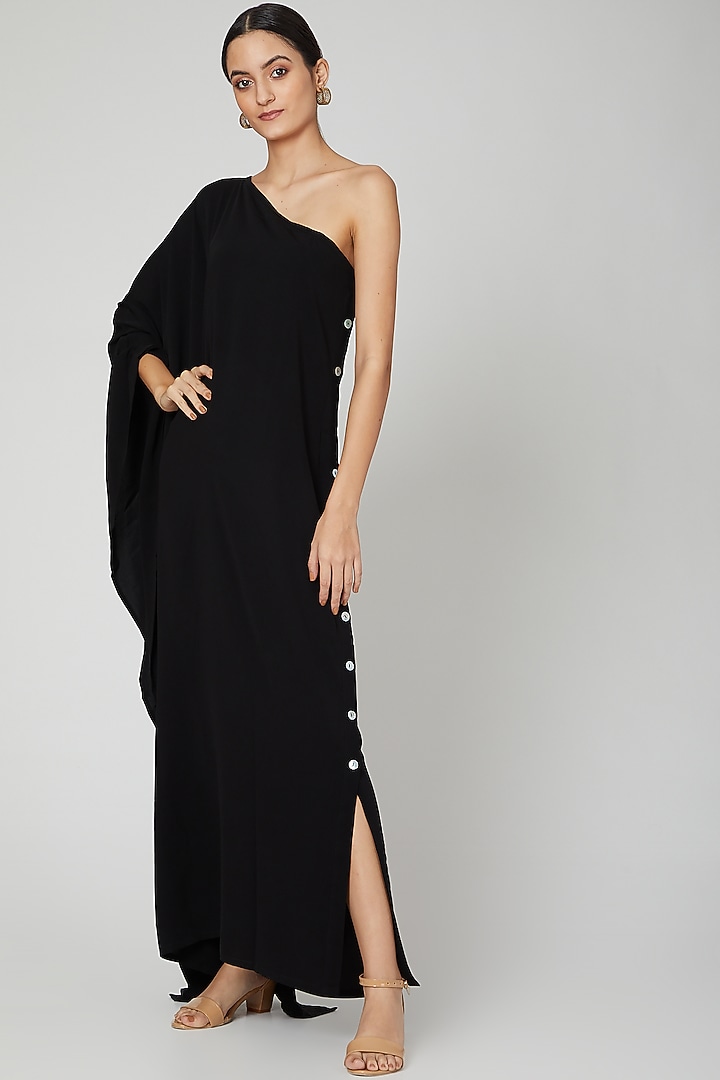 Black One Shoulder Button Down Summer Dress by ALIGNE at Pernia's Pop Up Shop