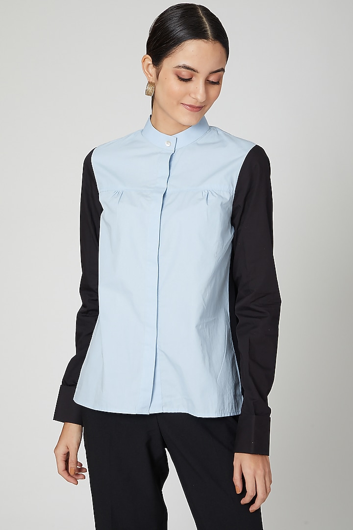 Black & Blue Pleated Shirt by ALIGNE at Pernia's Pop Up Shop