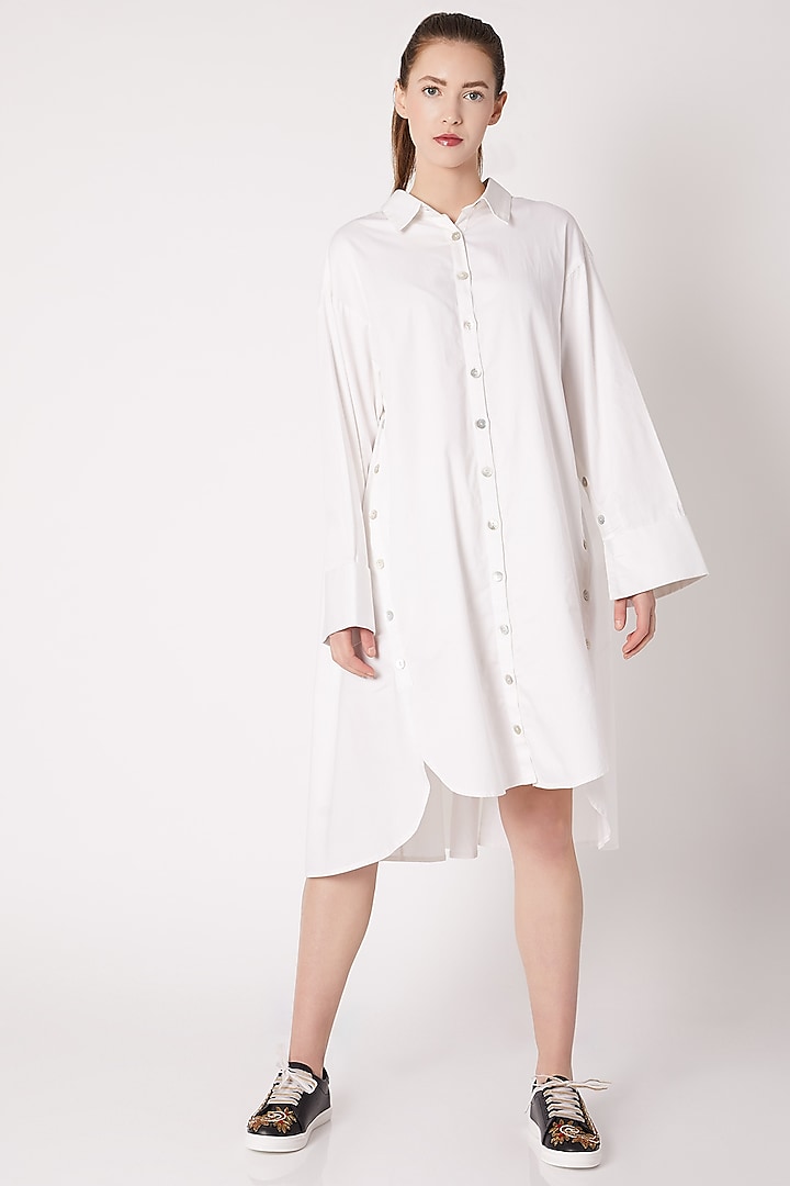 White Asymmetric Shirt Dress Design by ALIGNE at Pernia's Pop Up Shop 2023