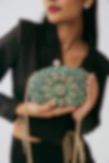 Green Metal Crystal Embellished Clutch by Alor Bags at Pernia's Pop Up Shop