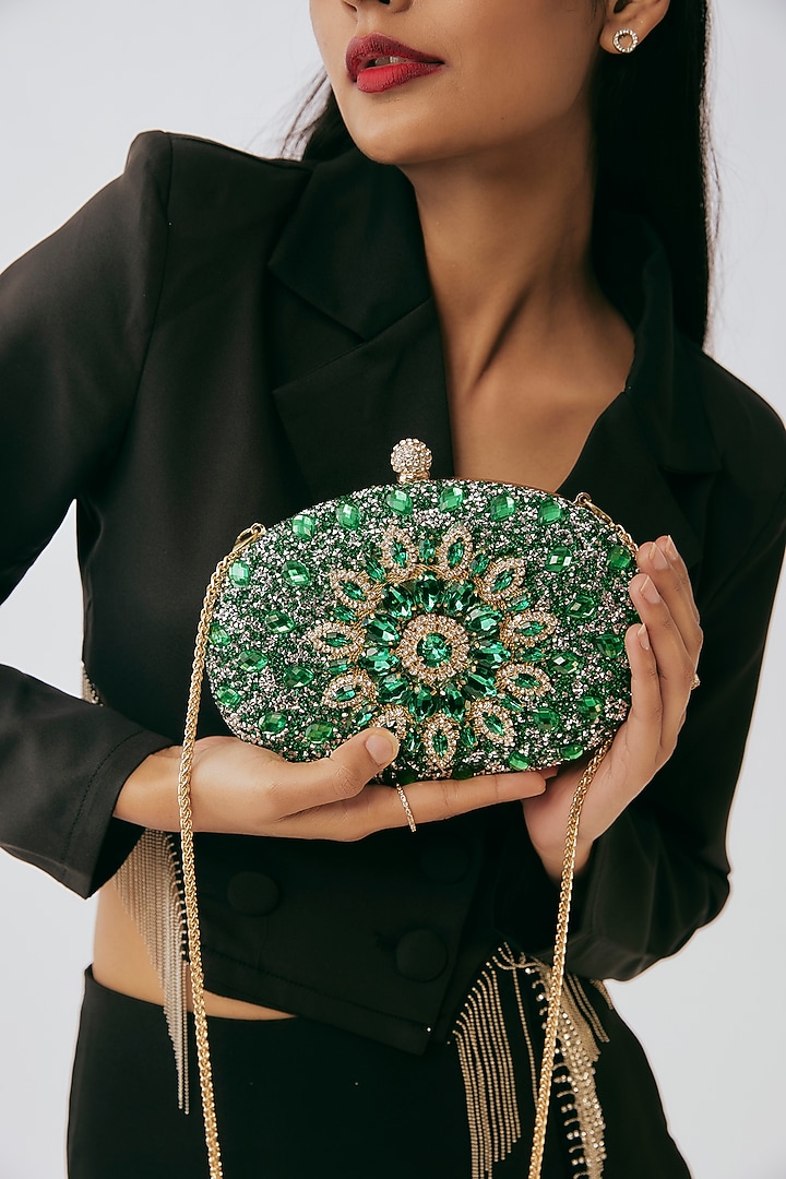 Green Metal Crystal Embellished Clutch by Alor Bags at Pernia's Pop Up Shop
