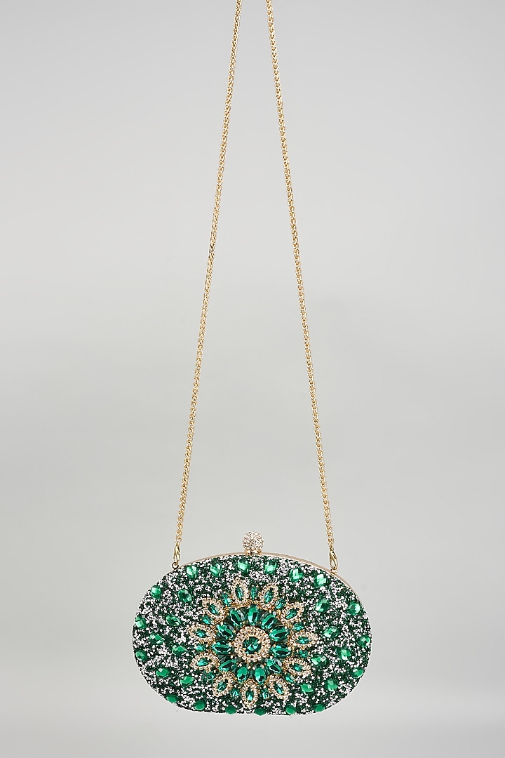 Green Metal Crystal Embellished Clutch by Alor Bags at Pernia's Pop Up Shop