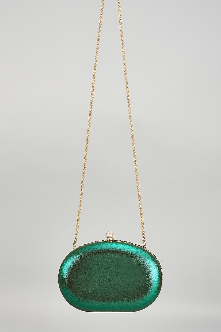 Green Metal Crystal Embellished Clutch by Alor Bags at Pernia's Pop Up Shop