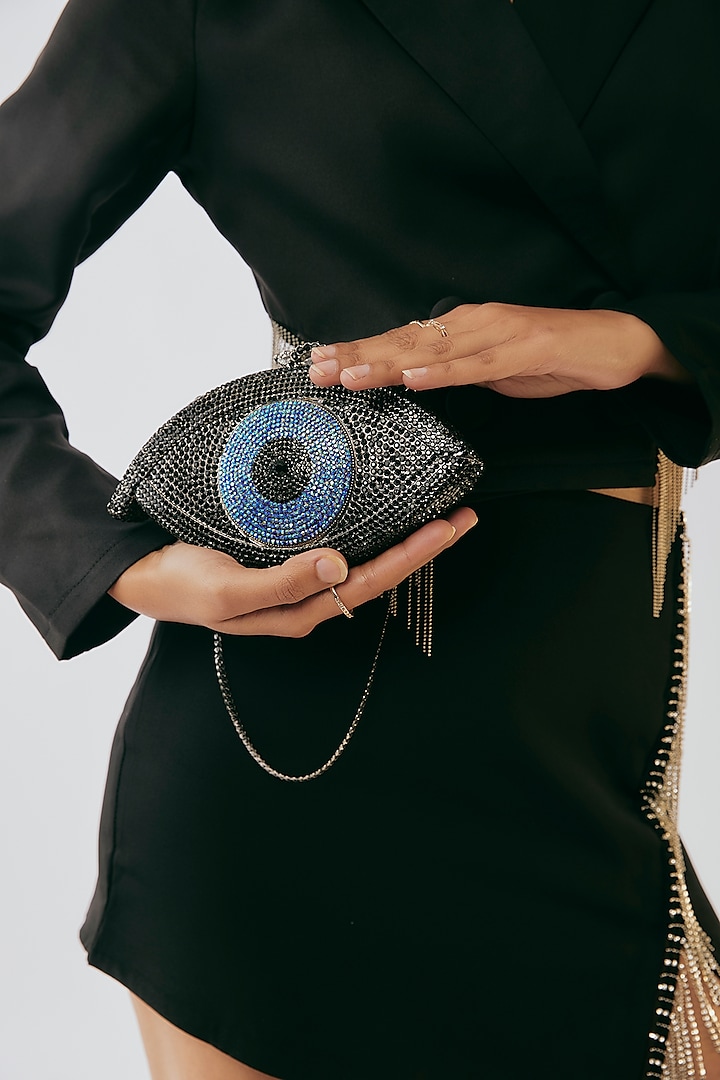 Grey Metal Evil Eye Embellished Clutch by Alor Bags