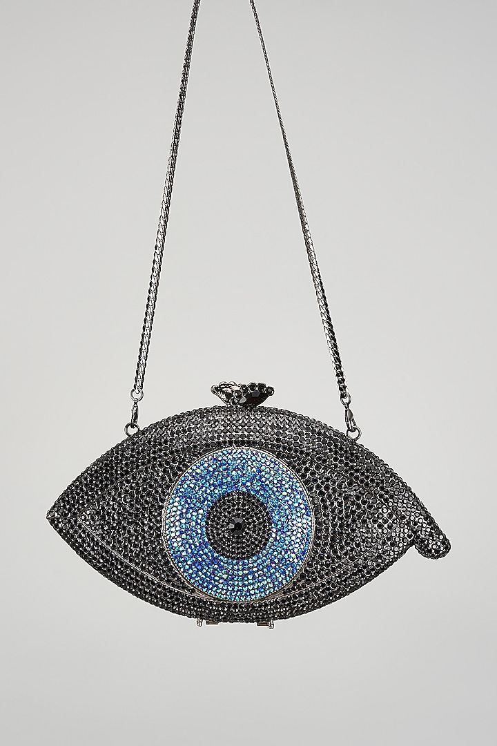Grey Metal Evil Eye Embellished Clutch by Alor Bags at Pernia's Pop Up Shop