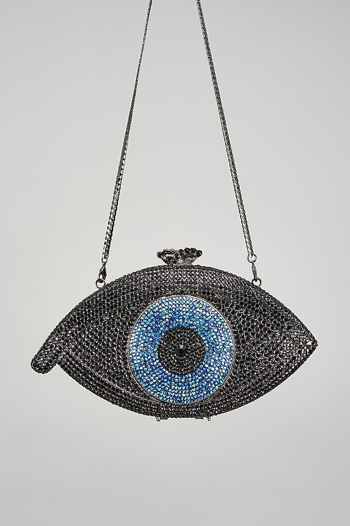 Grey Metal Evil Eye Embellished Clutch by Alor Bags at Pernia's Pop Up Shop