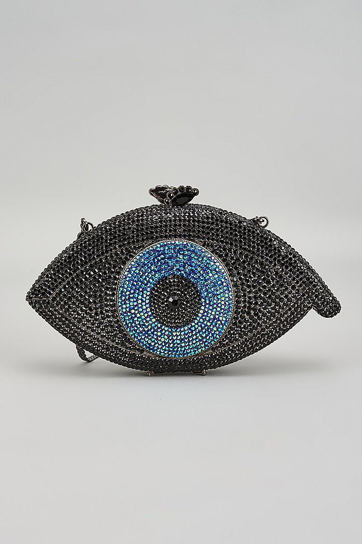 Grey Metal Evil Eye Embellished Clutch by Alor Bags at Pernia's Pop Up Shop