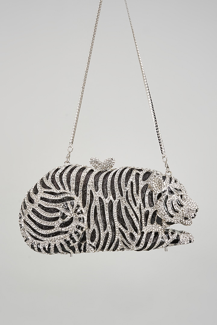 Silver & Black Metal Crystal Embedded Clutch by Alor Bags at Pernia's Pop Up Shop