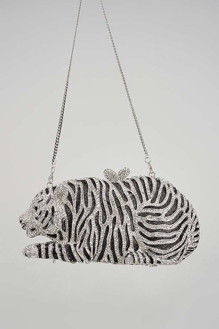 Silver & Black Metal Crystal Embedded Clutch by Alor Bags at Pernia's Pop Up Shop